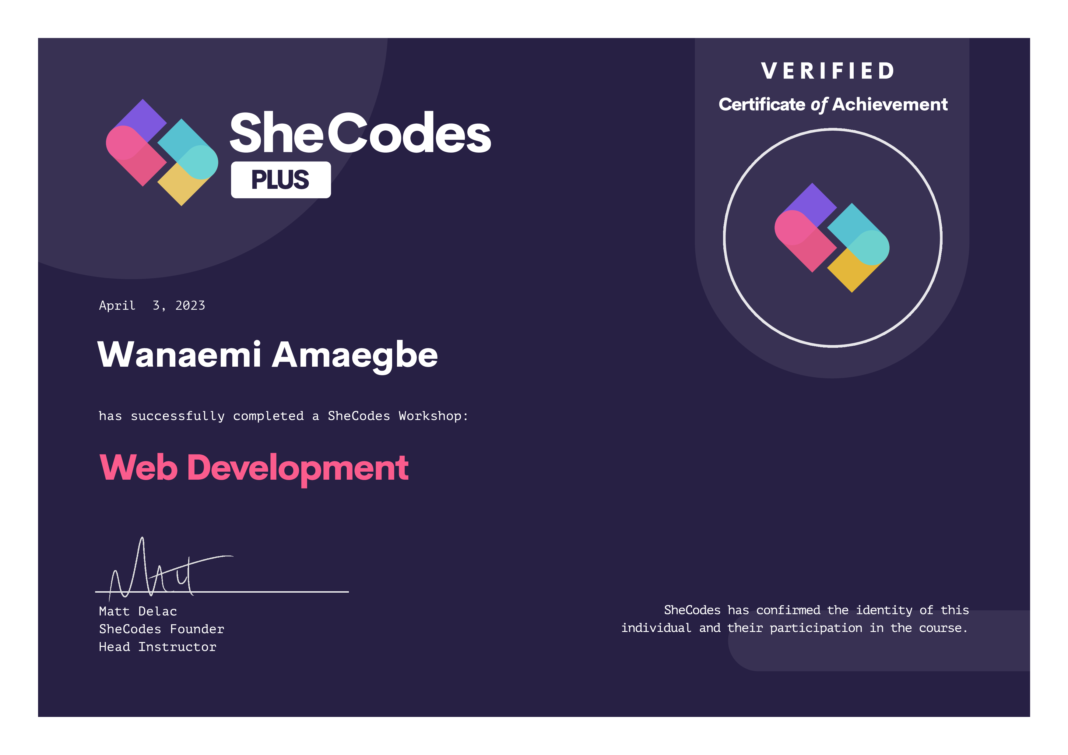 SheCodes Plus Certificate